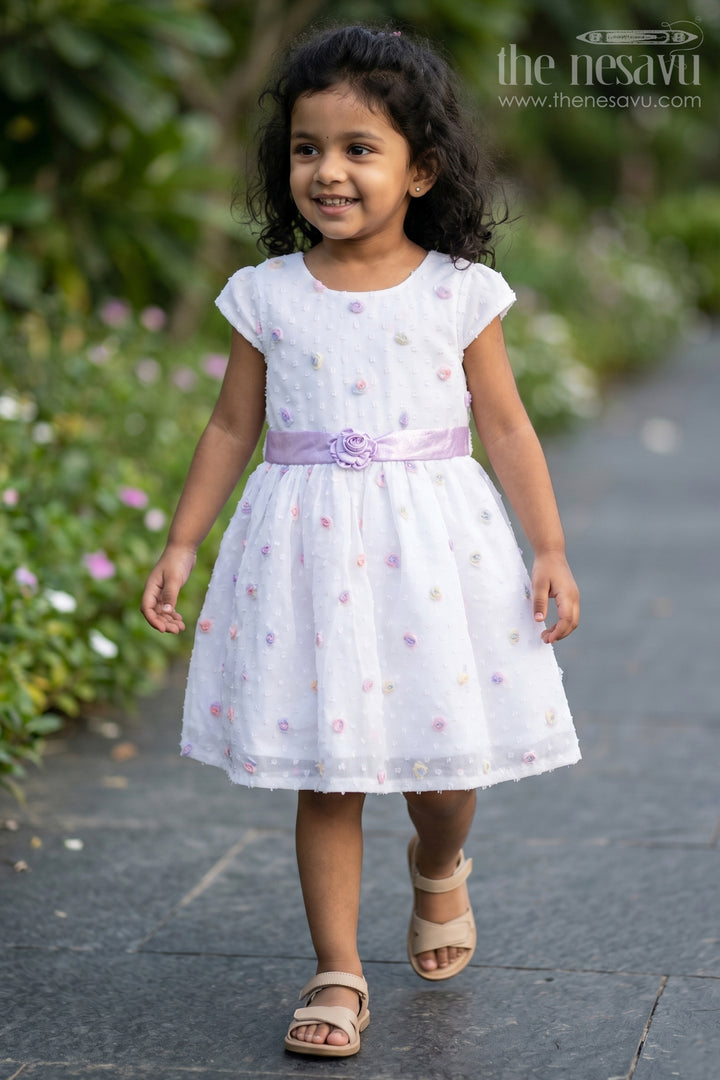 Girls White Frock with Delicate Floral Embroidery and Satin Bow for Elegant Look