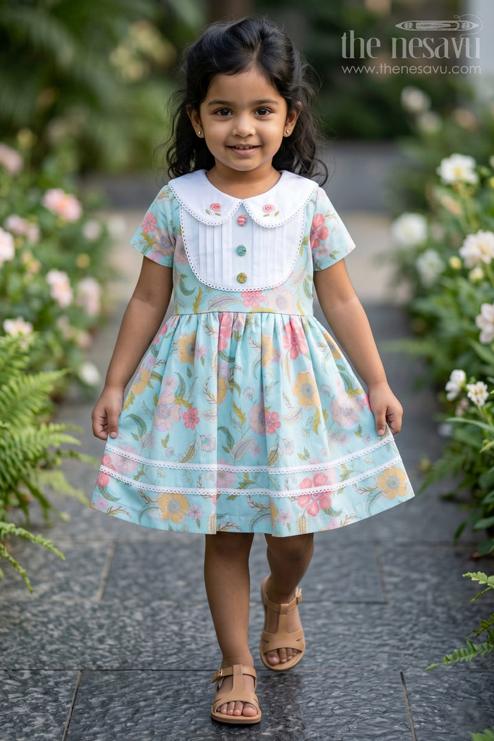 Girls Cotton Blend Casual Dresses with Floral Prints and Peter Pan Collar for Everyday Comfort