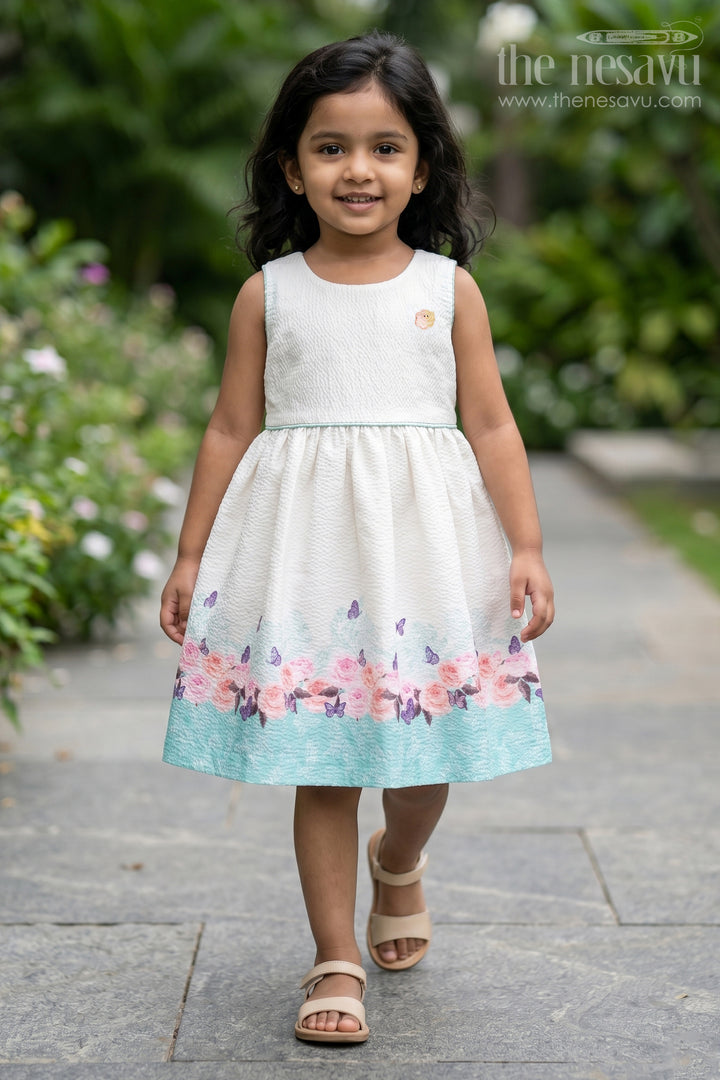 Girls Cotton White Frock Medium with Floral Printed Hem and Butterfly Accents