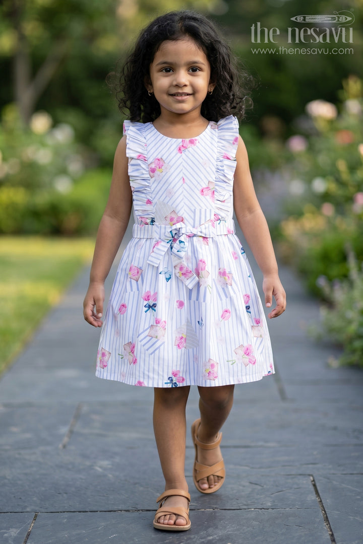 Girls Cotton Knee Length Frock with Striped Floral Print and Decorative Front Ruffles