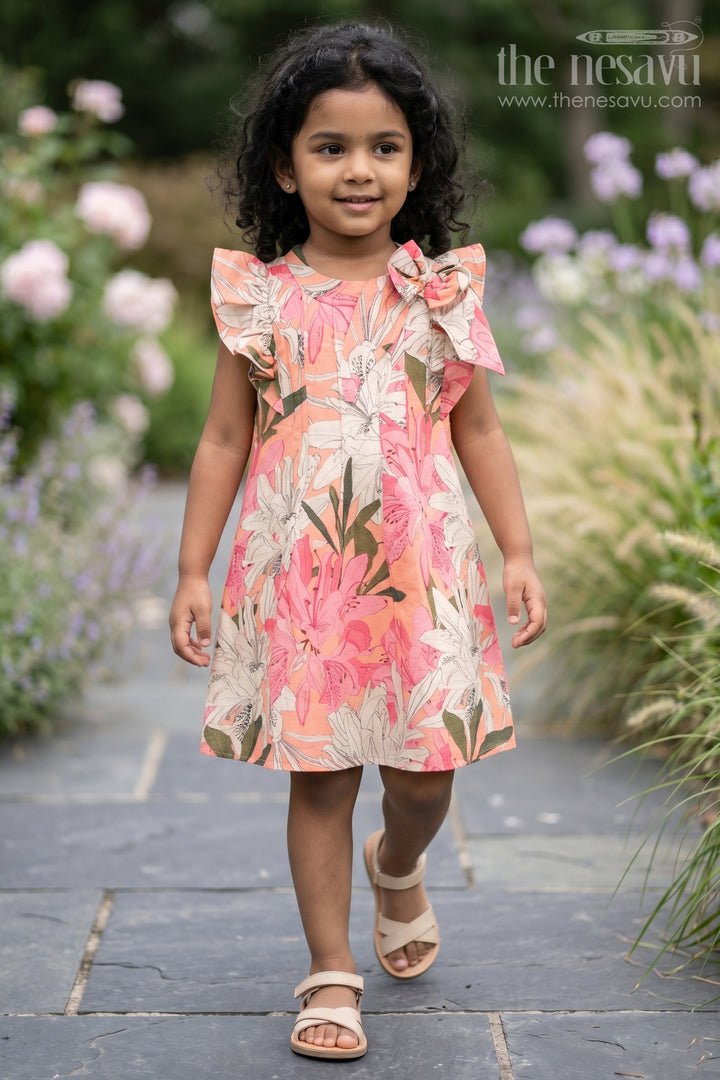 Girls Viscose Silk Fairy Frock with Soft Floral Digital Print and Ruffle Shoulder for Whimsical Everyday Charm
