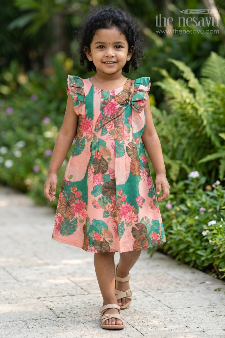 Girls Viscose Silk Frock Floral Design with Lotus Print and Pleated Details for Comfortable Daywear