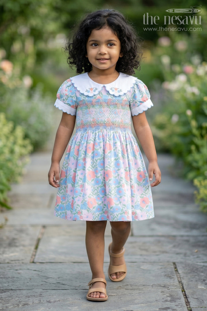 Girls Collar Frock Design in Floral Cotton with Smocked Bodice and Embroidered Collar for a Playful Yet Polished Look