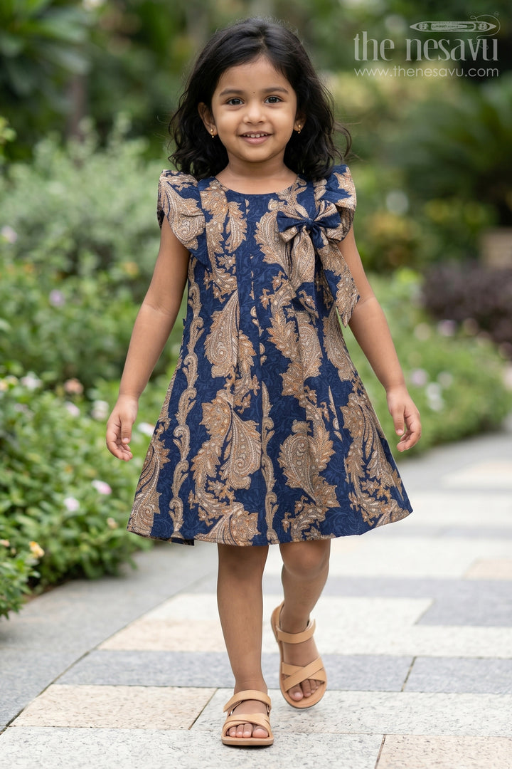 Girls Chanderi Frock with Gold and Navy Baroque Designs Perfect for Ethnic Summer Wear for Toddlers and Kids