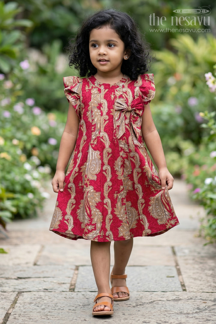 Girls Red Chanderi Frock with Gold Baroque Details Ideal for Dress Party Wear for Kids and Toddlers