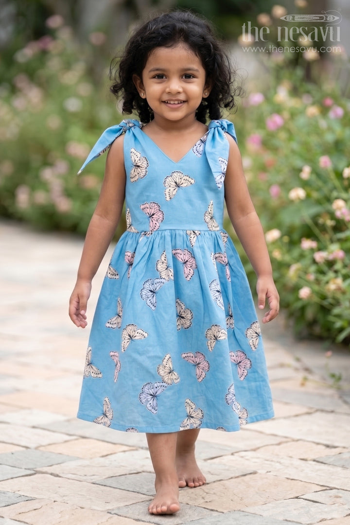 Girls Blue Cotton Frock with Butterfly Digital Print Ideal for Indian Wear Collection for Toddlers and Kids