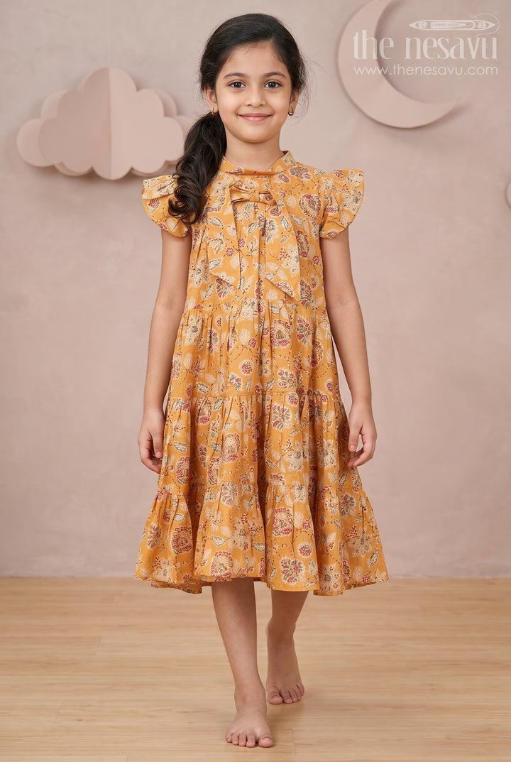 Yellow Frock for Baby Girls in Modal Silk with Digital Floral Print and Ruffled Sleeves