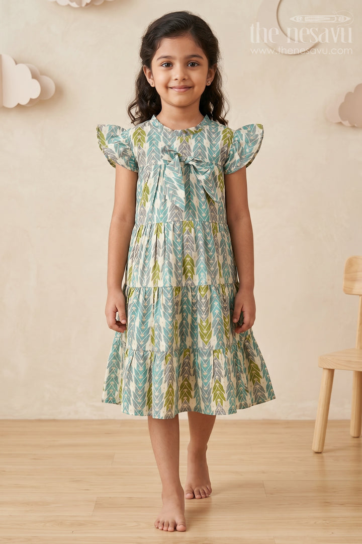Green Colour Frock for Girls in Modal Silk with Multicolor Geometric Print and Front Bow Design