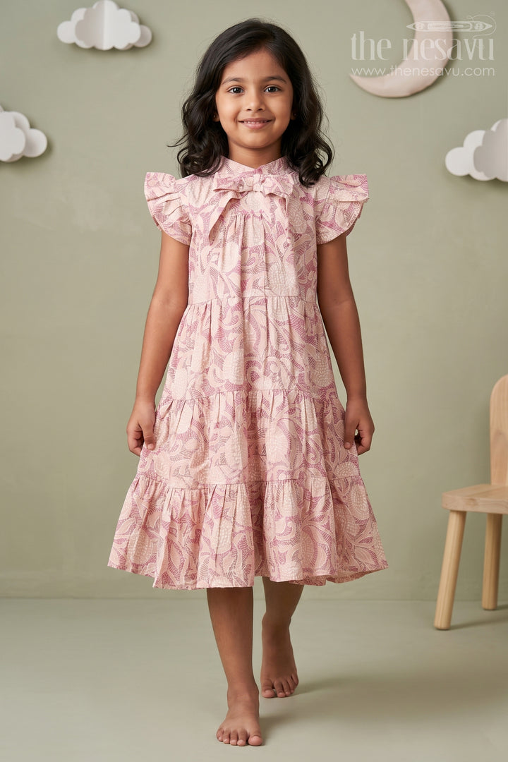 Pattern Frock for Girls in Modal Silk with Kantha Style Digital Print and Front Bow Detail