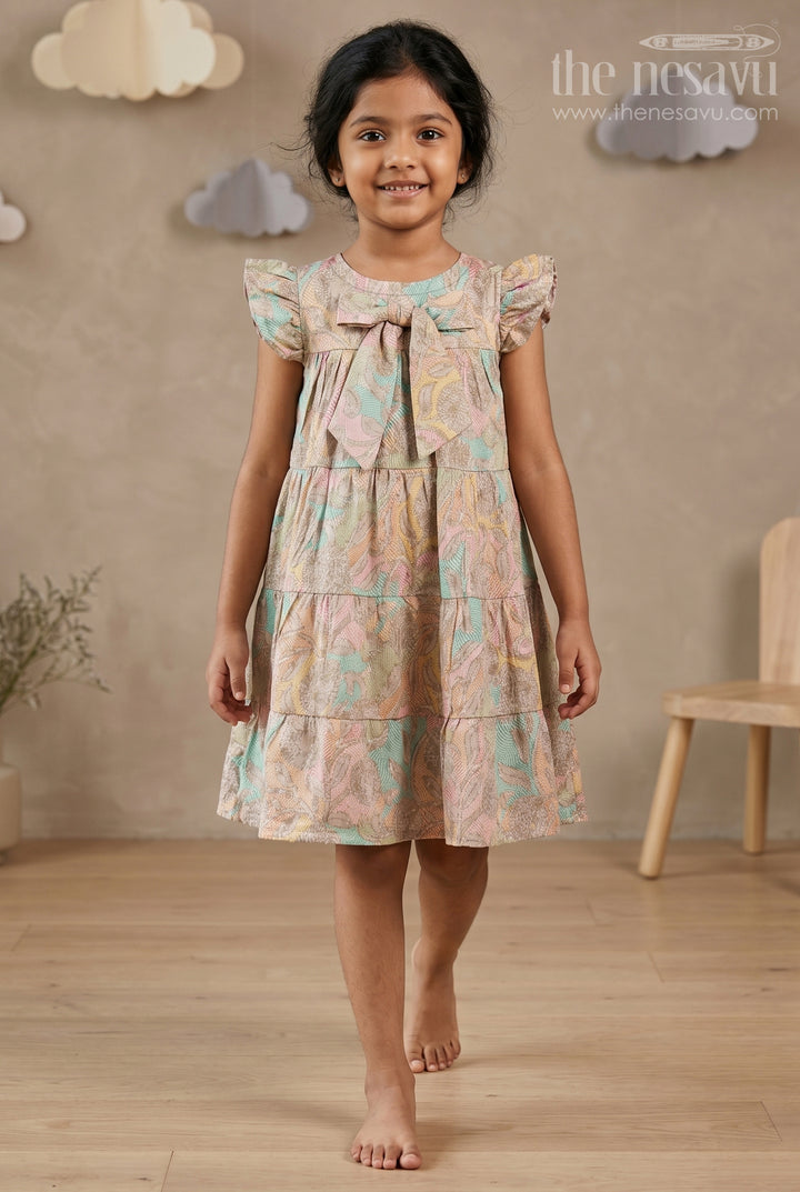 Casual Wear Frocks for Girls in Cotton with Kantha Stitch Styled Print and Tiered Design