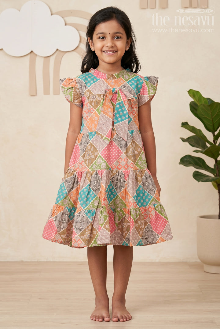 Designer Party Wear Frock for Girls in Cotton with Multicolor Patch Digital Print and Frilled Sleeves