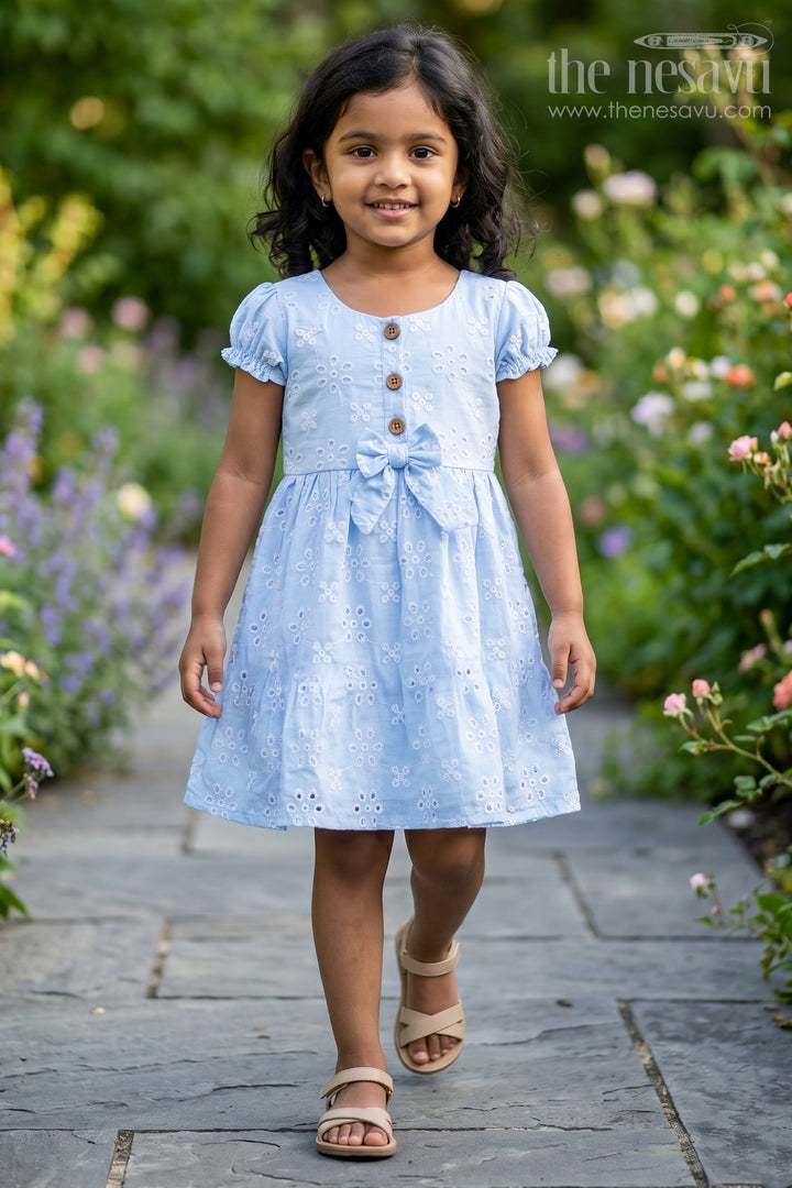Girls Casual Wear Party Dress in Sky Blue Hakoba with Bow Belt and Wooden Button Detail