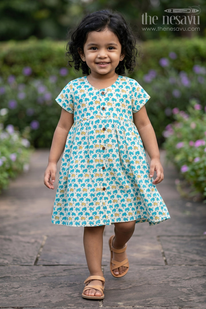Girls Cotton Printed Frock with Front Button Frock Design and Cute Elephant Motif Pattern
