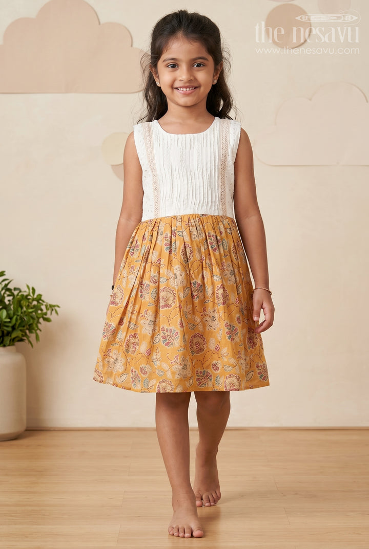 Girls Modal Silk Frock with Eyelet Yoke and Floral Skirt in Printed Frock Design Style