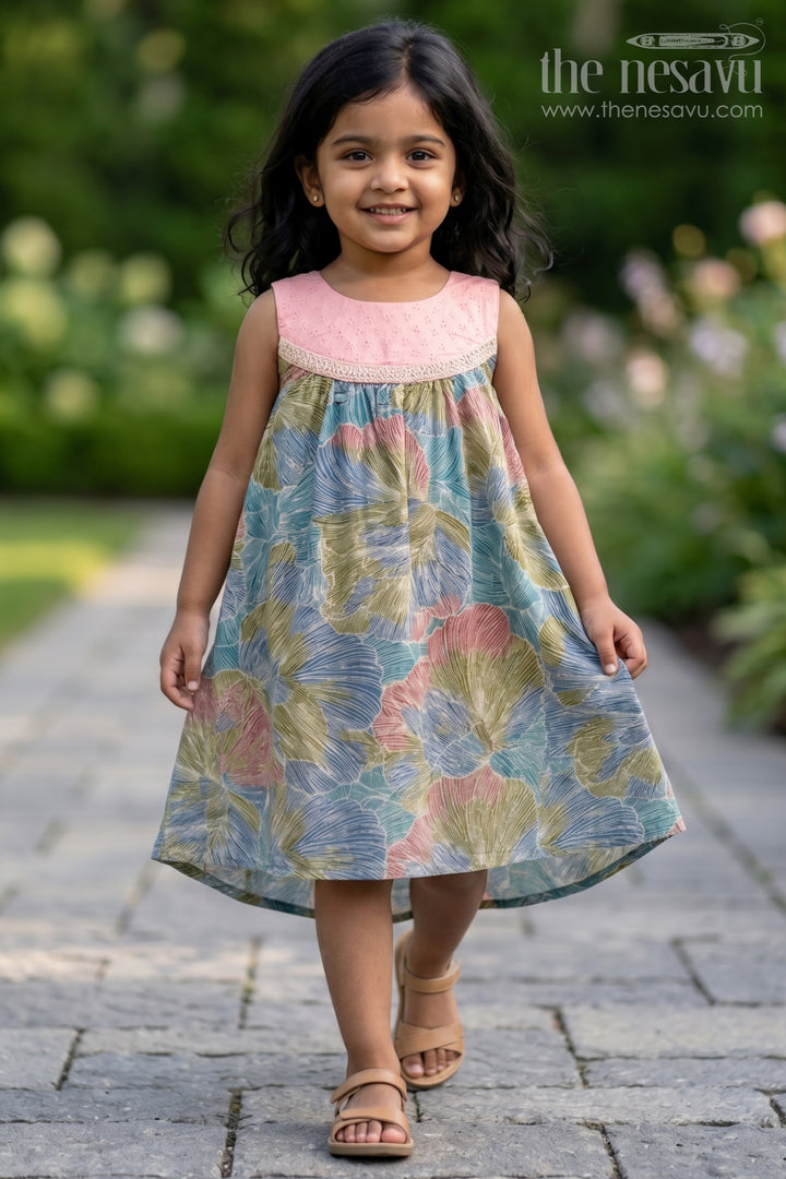 Girls Printed Chanderi Frock with Pastel Toned Botanical Motifs and Elegant Flow in Long Frock for Party Style