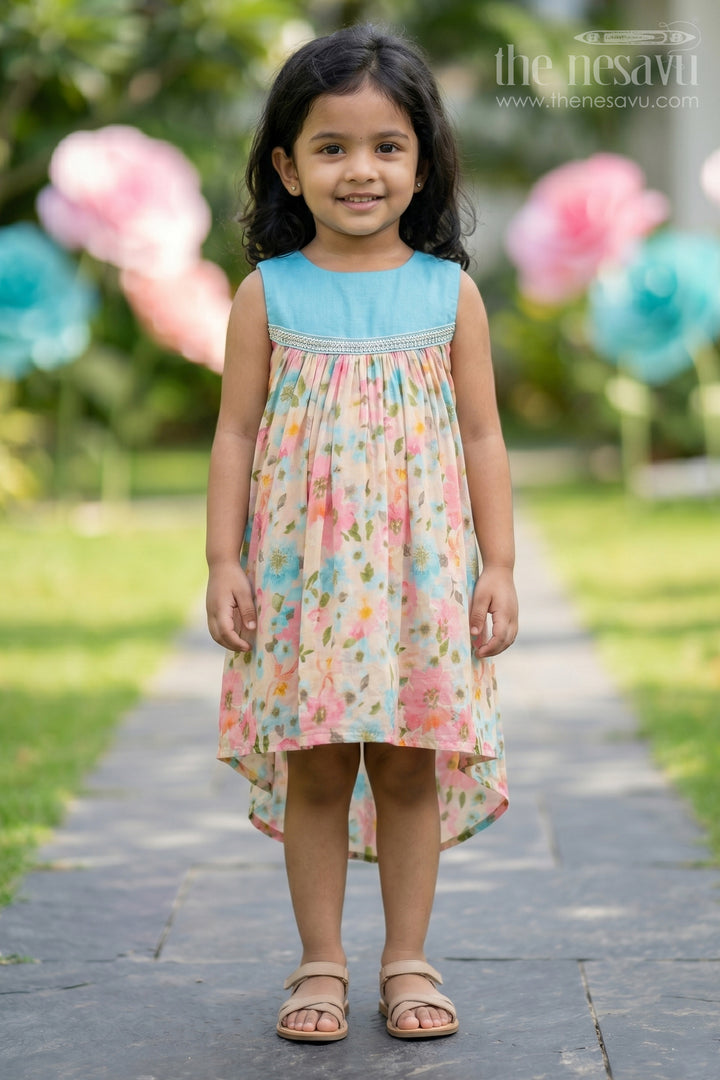 Girls Printed Viscose Frock with Bright Floral Motifs and Blue Yoke in Long Frock for Party Wear Style