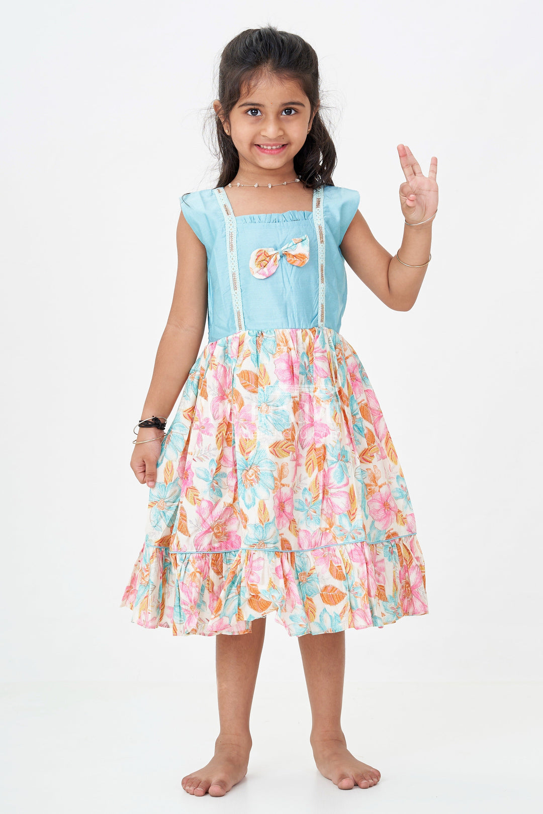 Girls Printed Chanderi Frock with Bow and Floral Print for Playful and Stylish Short Frock Design