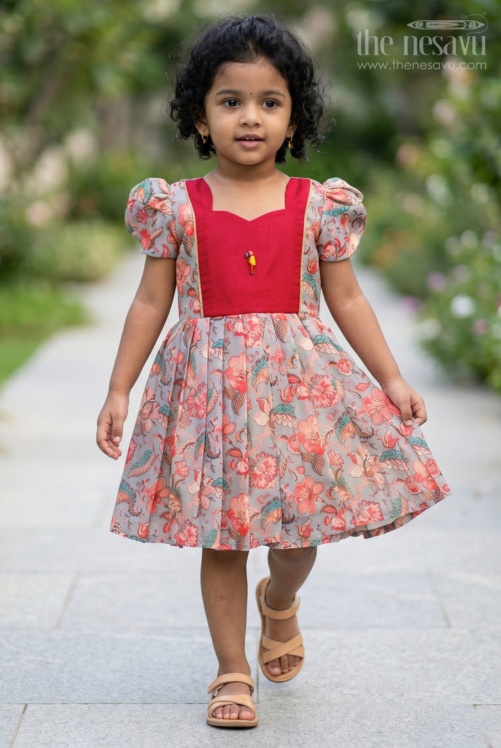 Girls Digital Printed Chanderi Frock with Pleats and Parrot Brooch in Beautiful Design Frock Style