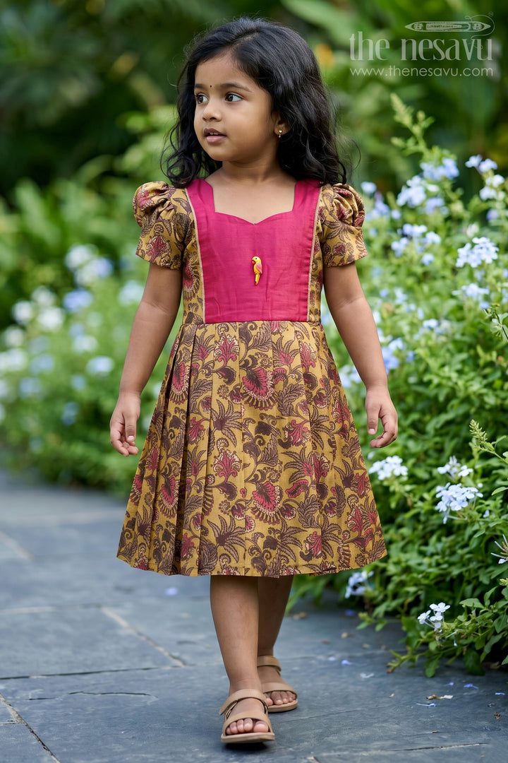 Girls Digital Printed Chanderi Frock with Puff Sleeves and Pleated Skirt in Traditional Frock Design Style