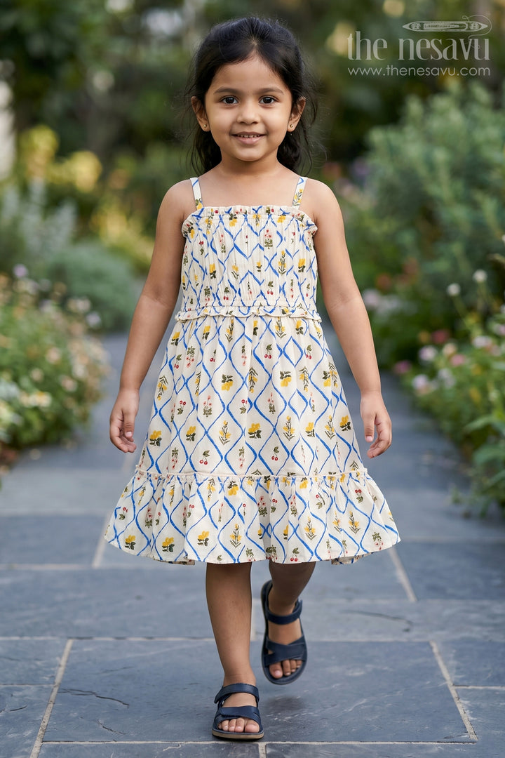 Girls Cotton Floral Frocks with Spaghetti Straps and Tiered Hem in Soft Digital Print for Summer Days