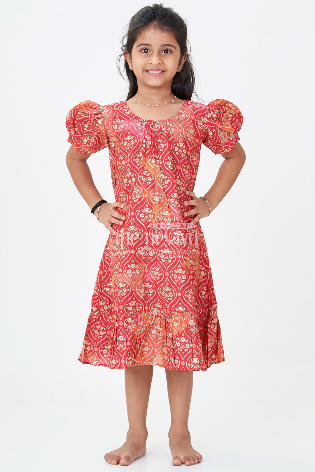 Girls Stylish Frock Design in Red Modal Silk with Ornamental Motifs and Ruffle Hem for Classic Vibes
