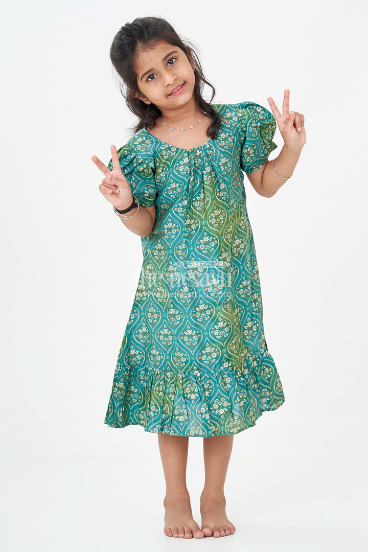 Girls Long Frock New Model in Green Modal Silk with Ornamental Digital Print and Puff Sleeves