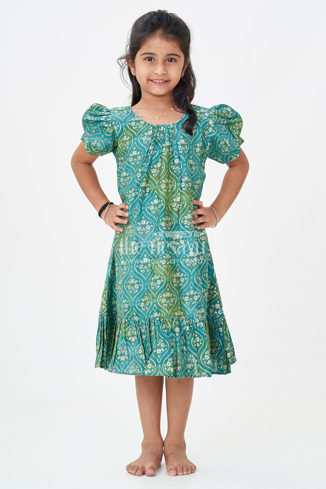 Girls Long Frock New Model in Green Modal Silk with Ornamental Digital Print and Puff Sleeves