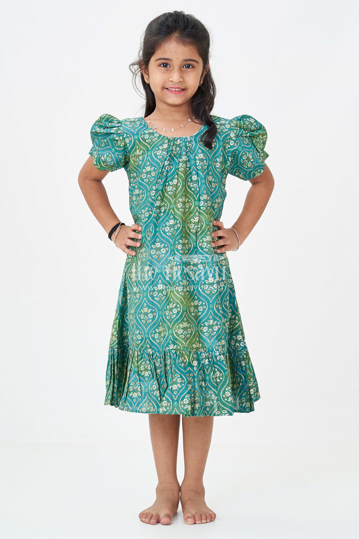 Girls Long Frock New Model in Green Modal Silk with Ornamental Digital Print and Puff Sleeves