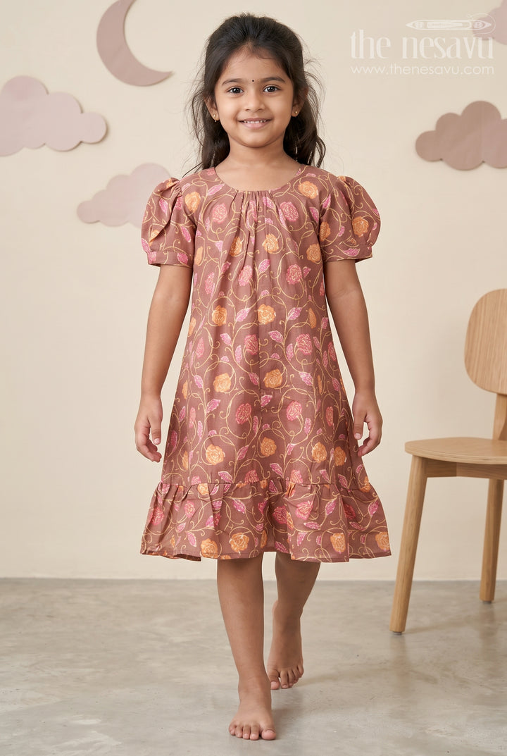 Girls Sleeves Design Frock in Brown Muslin Silk with Floral Print and Gathered Hem for Everyday Charm