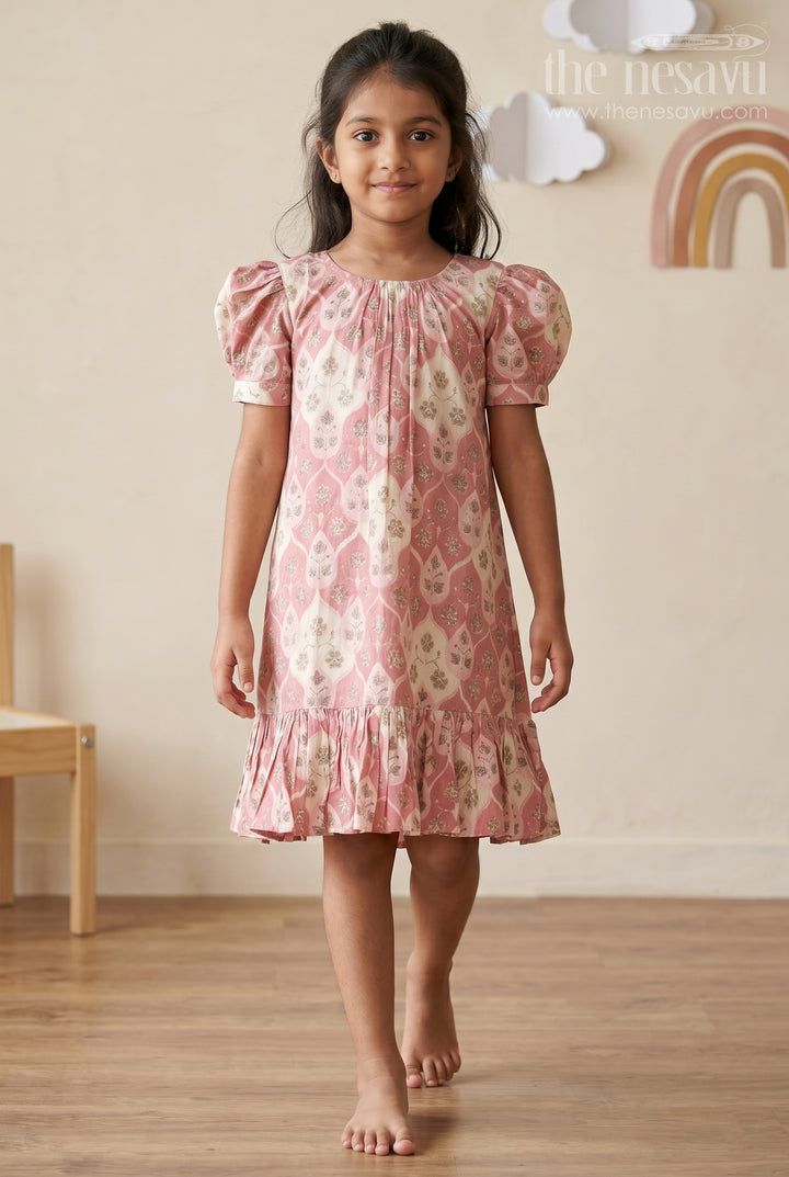 Girls Trendy Frock Designs in Pink Muslin Silk with Leaf Print Motifs and Ruffle Trim for Stylish Days