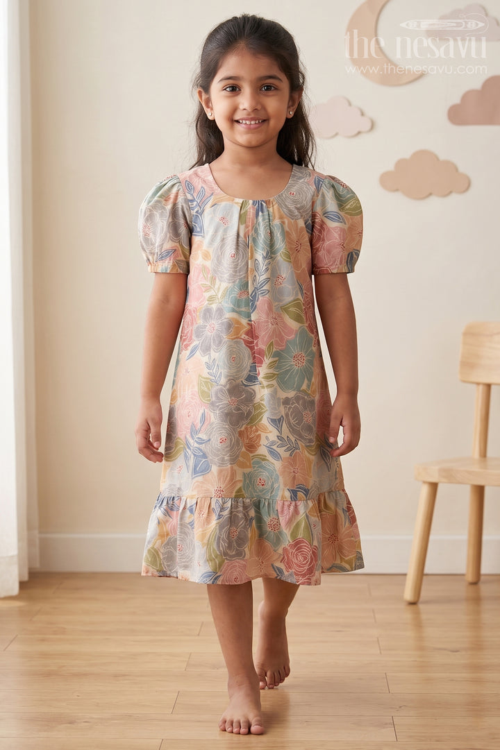 Girls Long Frock Models Latest in Moadal Silk with Bold Floral Print and Flowy Ruffle Hem