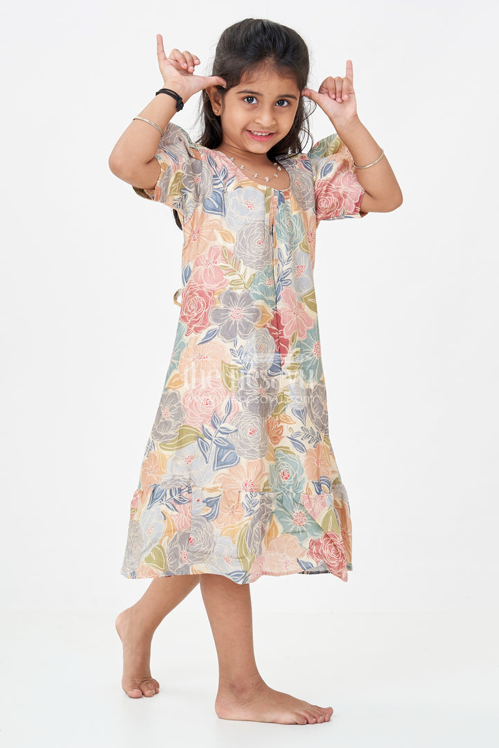 Girls Long Frock Models Latest in Moadal Silk with Bold Floral Print and Flowy Ruffle Hem