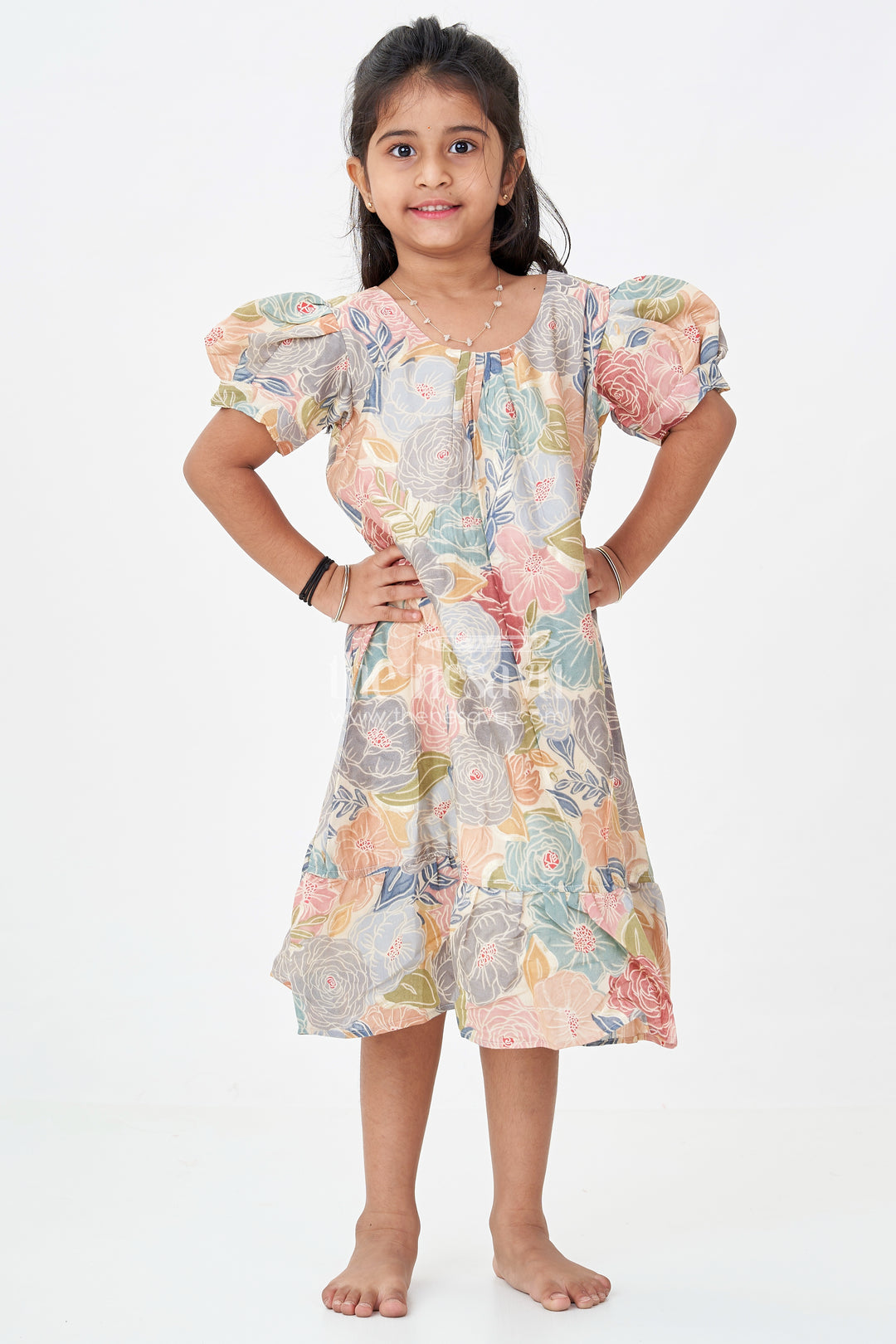 Girls Long Frock Models Latest in Moadal Silk with Bold Floral Print and Flowy Ruffle Hem