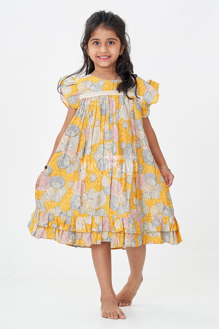 Girls Yellow Frock Design in Moadal Silk with Digital Floral Print and Ruffle Sleeves for Bright Looks