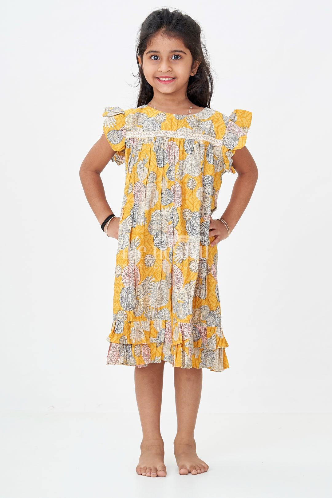 Girls Yellow Frock Design in Moadal Silk with Digital Floral Print and Ruffle Sleeves for Bright Looks