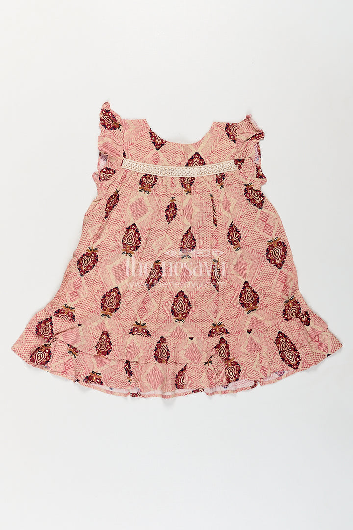 Girls One Piece Dress Frock Type in Beige Rayon with Ethnic Digital Print and Ruffle Sleeves
