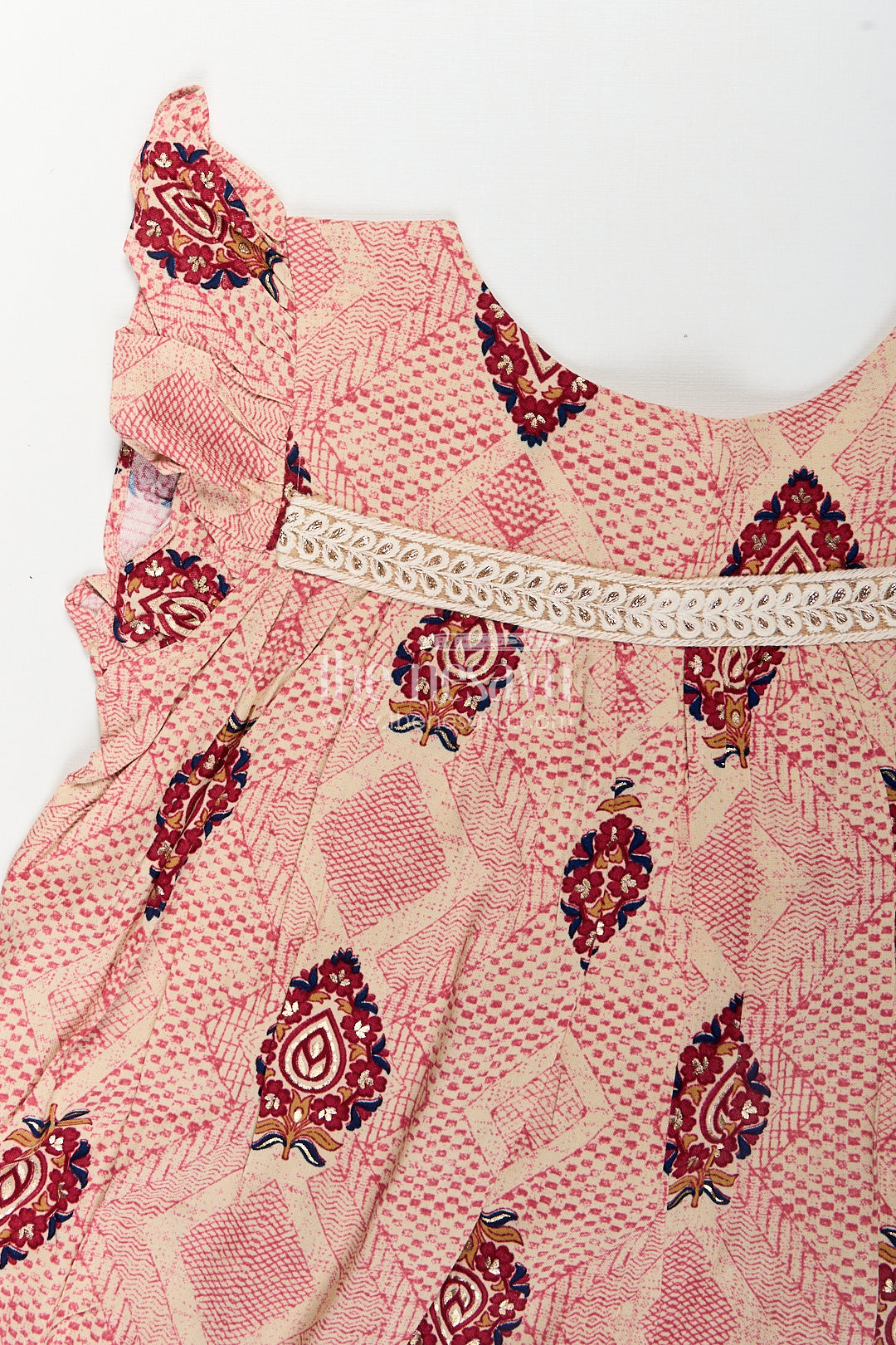 Girls One Piece Dress Frock Type in Beige Rayon with Ethnic Digital Print and Ruffle Sleeves