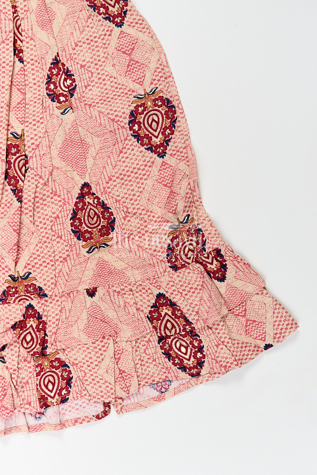 Girls One Piece Dress Frock Type in Beige Rayon with Ethnic Digital Print and Ruffle Sleeves