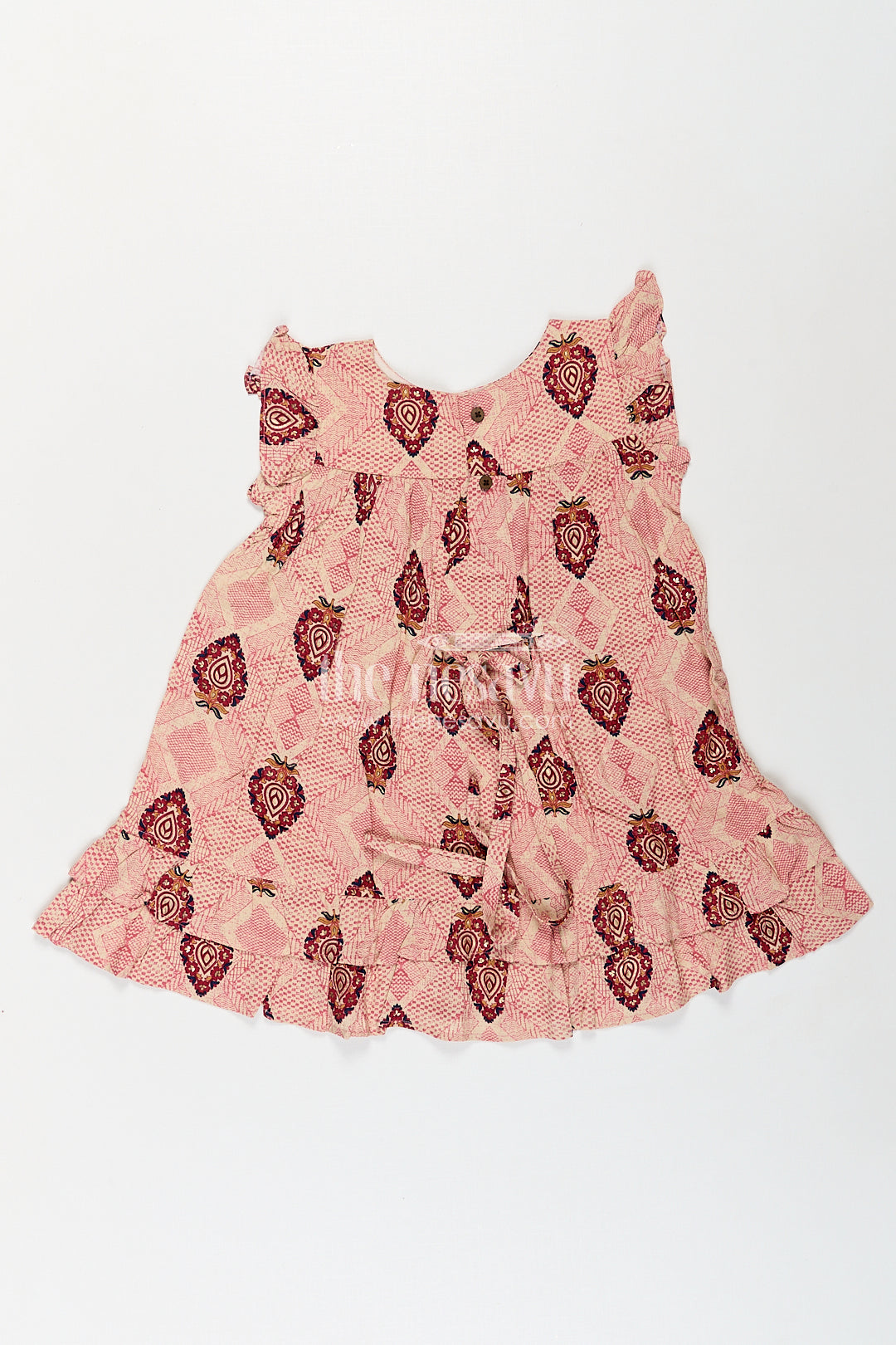 Girls One Piece Dress Frock Type in Beige Rayon with Ethnic Digital Print and Ruffle Sleeves