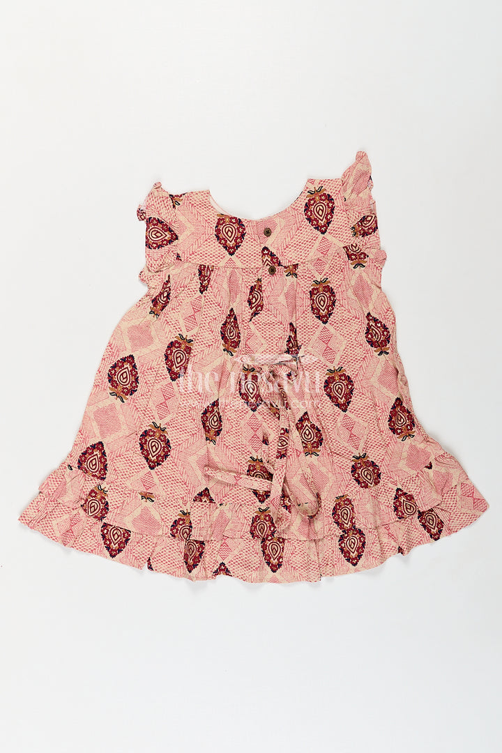 Girls One Piece Dress Frock Type in Beige Rayon with Ethnic Digital Print and Ruffle Sleeves