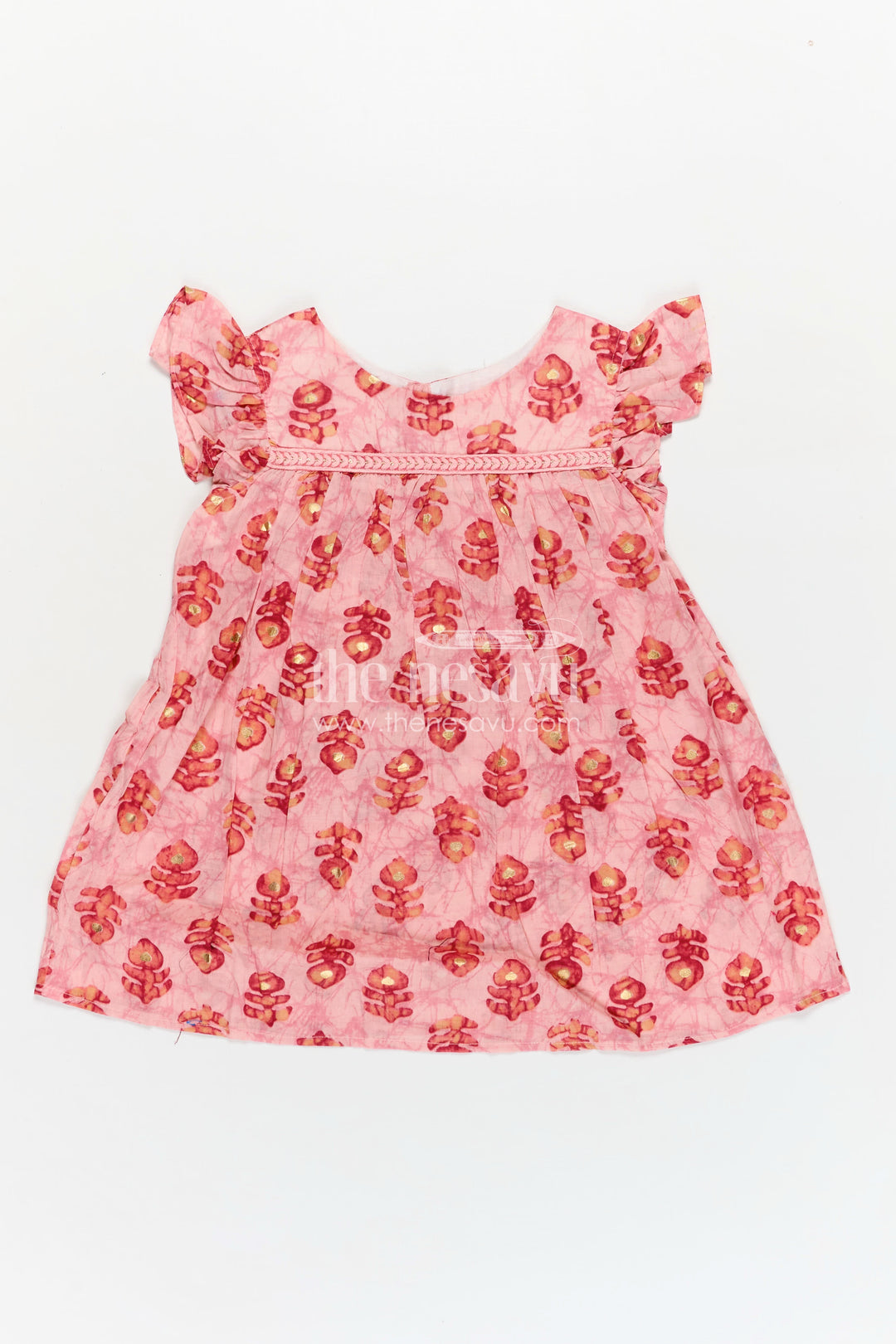 Girls Frock Type One Piece in Pink Rayon with Leaf Motifs and Frilly Sleeves for Casual Chic