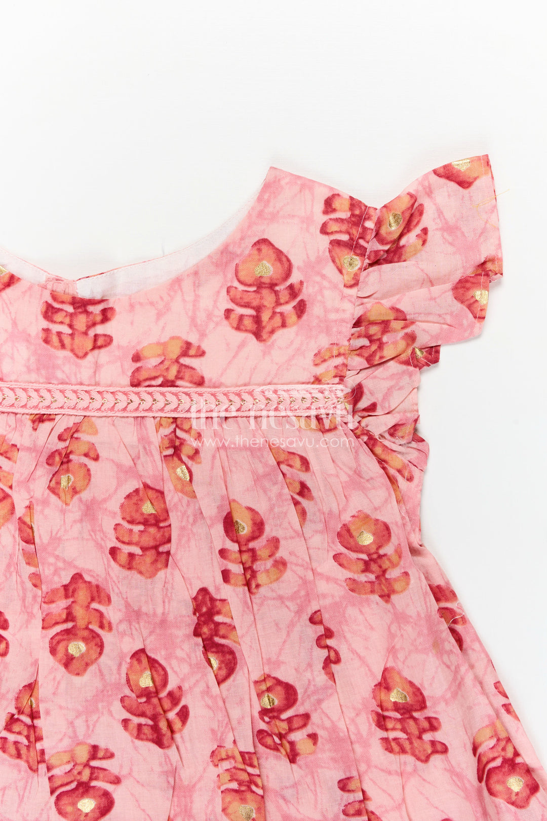 Girls Frock Type One Piece in Pink Rayon with Leaf Motifs and Frilly Sleeves for Casual Chic