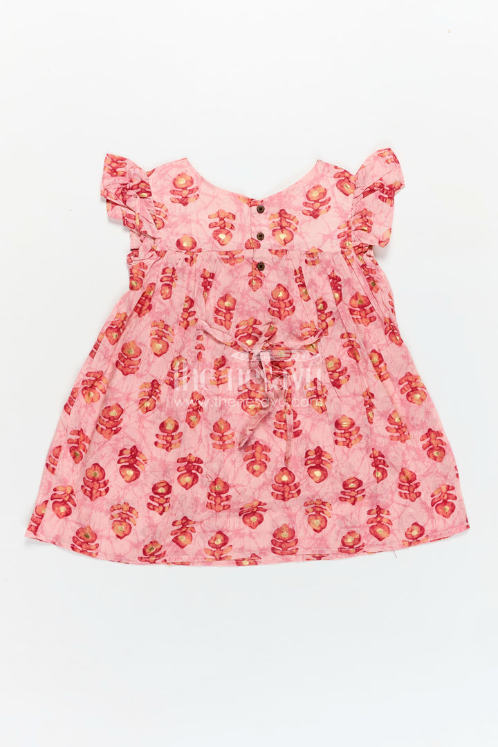 Girls Frock Type One Piece in Pink Rayon with Leaf Motifs and Frilly Sleeves for Casual Chic