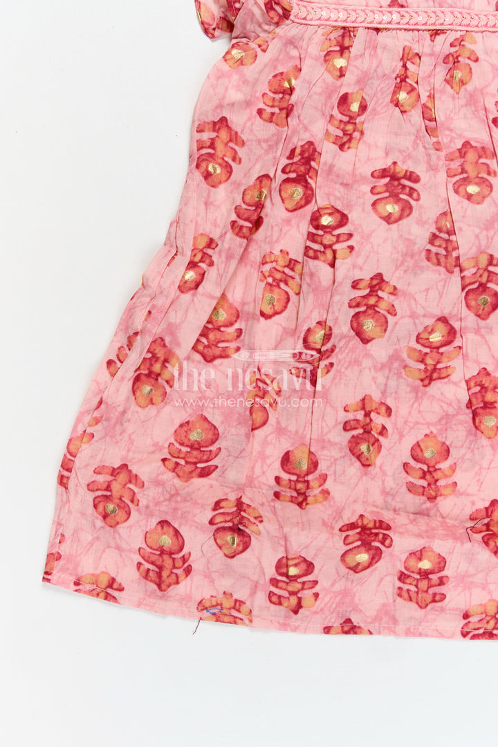 Girls Frock Type One Piece in Pink Rayon with Leaf Motifs and Frilly Sleeves for Casual Chic