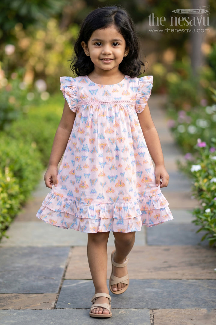 Girls Frill Sleeve Frock in Cotton with Butterfly Digital Print and Ruffle Hem for Breezy Everyday Style