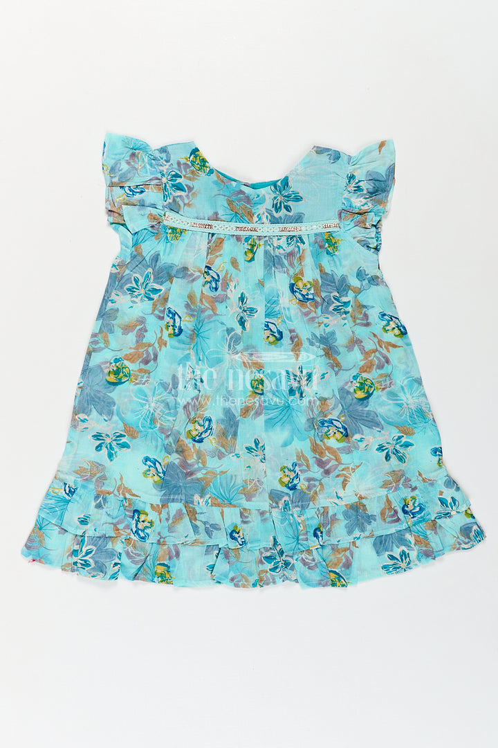 Girls Latest New Design Frock in Aqua Rayon with Floral Digital Print and Flowy Ruffle Details