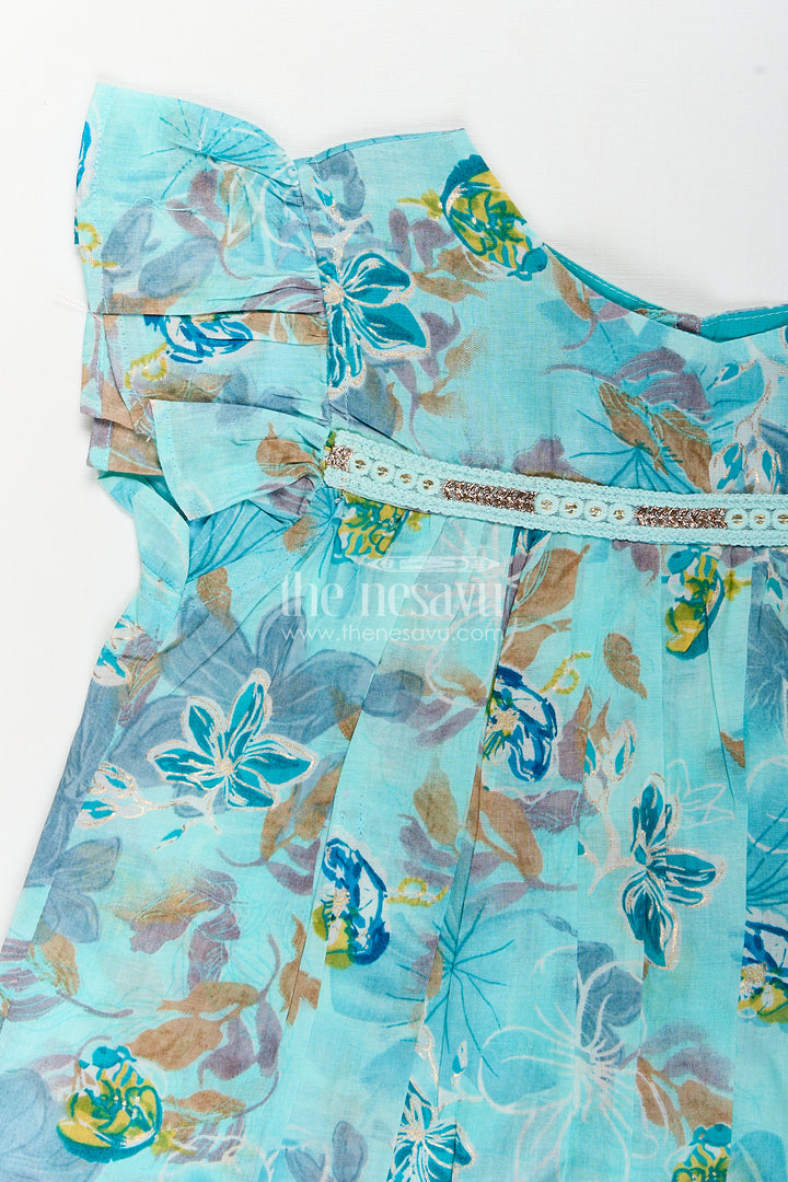 Girls Latest New Design Frock in Aqua Rayon with Floral Digital Print and Flowy Ruffle Details