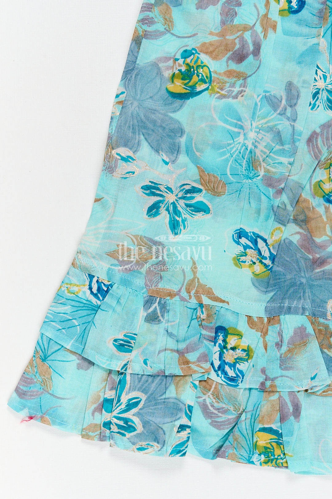 Girls Latest New Design Frock in Aqua Rayon with Floral Digital Print and Flowy Ruffle Details