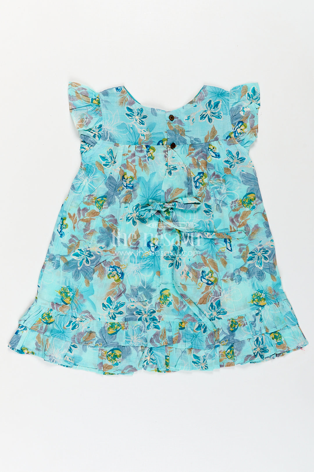 Girls Latest New Design Frock in Aqua Rayon with Floral Digital Print and Flowy Ruffle Details