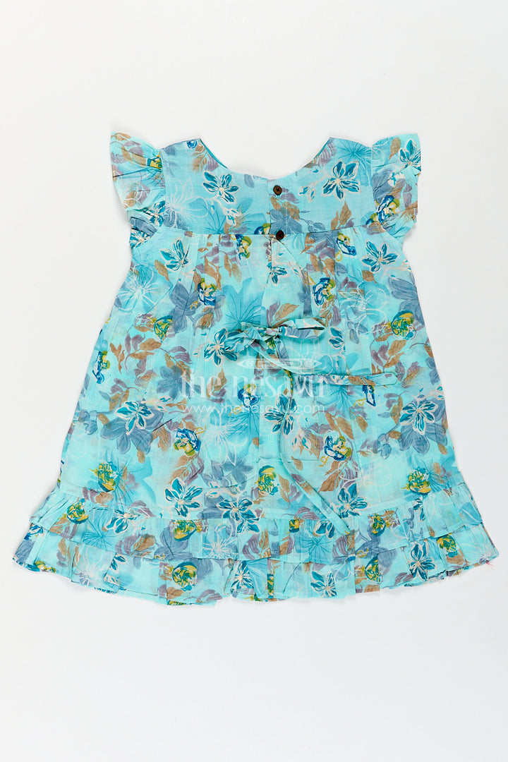 Girls Latest New Design Frock in Aqua Rayon with Floral Digital Print and Flowy Ruffle Details